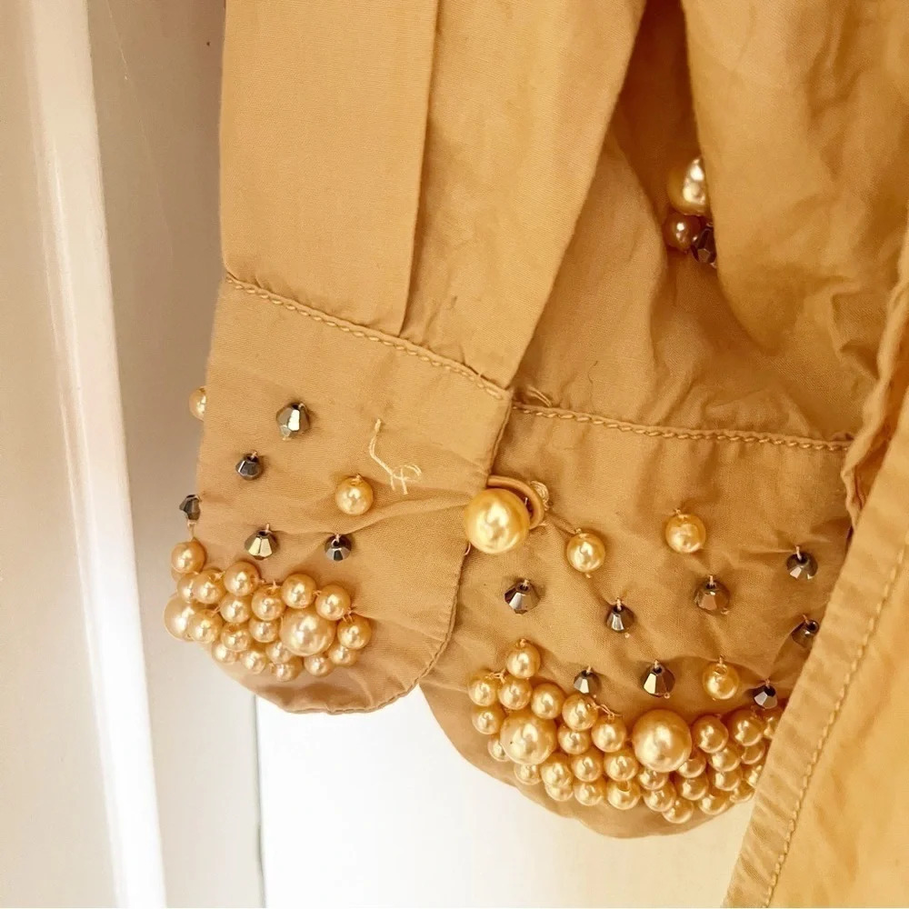 Anthropologie Maeve Bennet Button Shirt Pearl Embellished Art Deco Tan Medium - Picture 7 of 11
